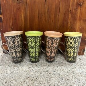 Set of Four Vintage Colorful MCM Plastic Handled Filagree Swirl Tumblers